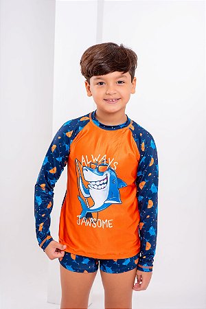Conjunto Sunga Infantil + Blusa Proteção Uv50 Térmica Dry Laranja Tubarão