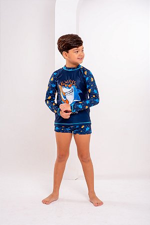 Conjunto Sunga Infantil + Blusa Proteção Uv50 Térmica Dry Blue Tubarão