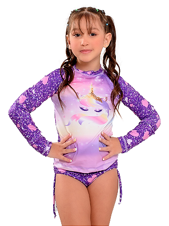 Kit 3 Peça Blusa Pro Uv 50 + Biquíni + Top Infantil Roxo Unicornio