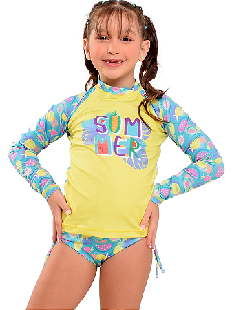 Kit 3 Peça Blusa Pro Uv 50 + Biquíni + Top Infantil Amarelo Summer