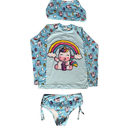 Kit 3 Peça Blusa Pro Uv 50 + Biquíni + Top Infantil Unicórnio Azul