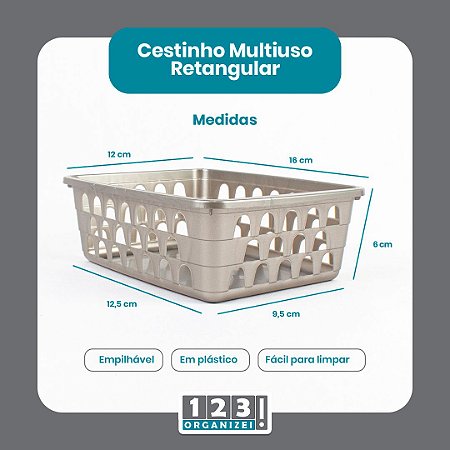 Cesto Multiuso Organizador Pequeno 16x12x6Cm  Cinza 123Organizei