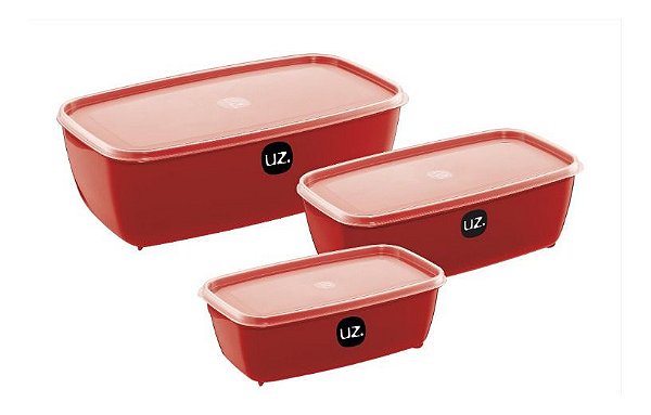 Kit 3 Potes Para Alimentos Vermelho Plástico 5L/3L/1,5L UZ230 Uzutil