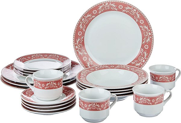 Aparelho de Jantar Classic Porcelana 20 Pçs Branco Com Rosa