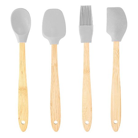 Conjunto 4 Utensílios de Silicone Cabo em Bambu Cinza Lyor