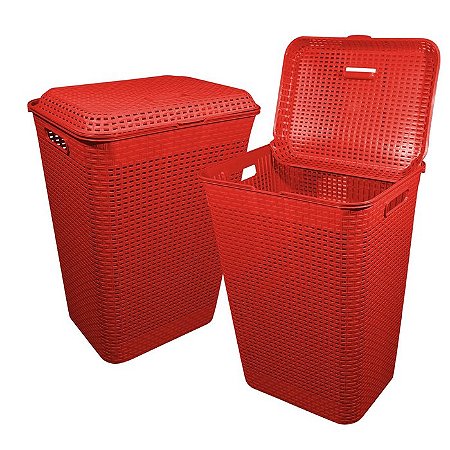 Cesto P/Roupa Suja Retangular 72 Lts Rattan C/Tampa Vermelho