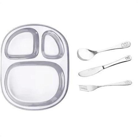 Jogo Infantil Inox De Talheres e Prato Com Divisórias 22Cm