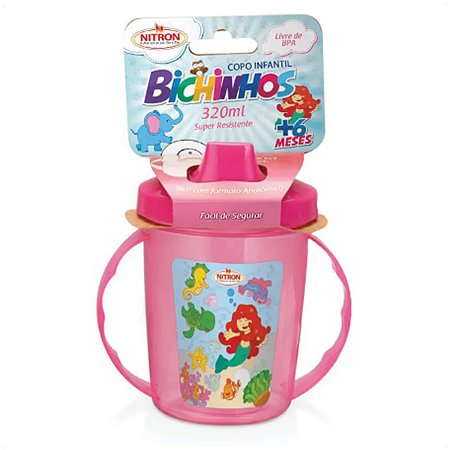 Copo Infantil Com Alças E Bico 320ML Bichinhos 6 Meses Rosa