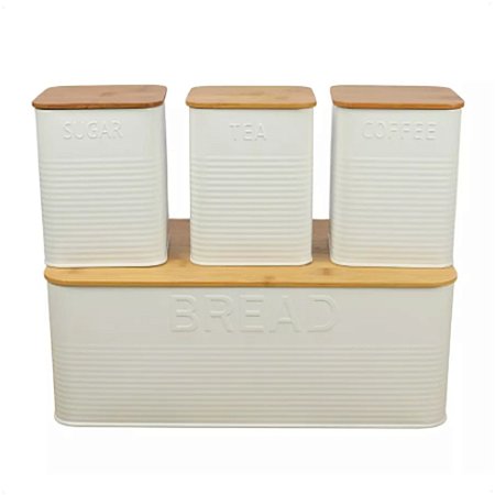 Conjunto Porta Pão E 3 Potes Multiuso De Metal e Tampa Bambu