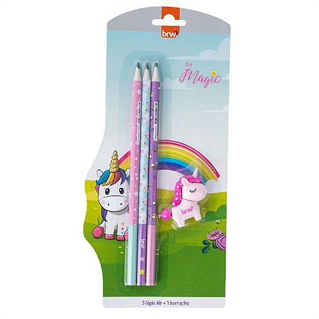 Kit Escolar Magic Com 3 Lápis HB e 1 Borracha Unicórnio Blister