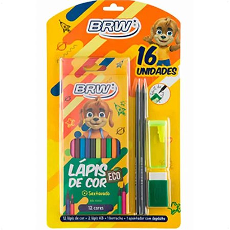 Kit Escolar 16 pçs Lápis, Lápis de Cor, Apontador, Borracha