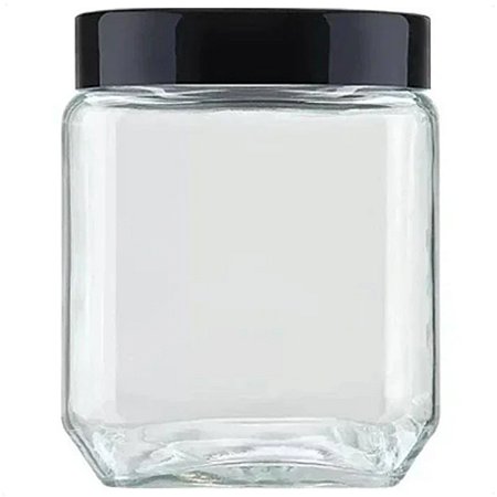 Pote de Vidro Liso Quadrado 1200ML Com Tampa Preta Rosqueável