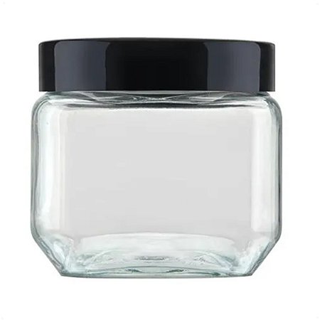 Pote de Vidro Liso Quadrado 800ML Com Tampa Preta Rosqueável