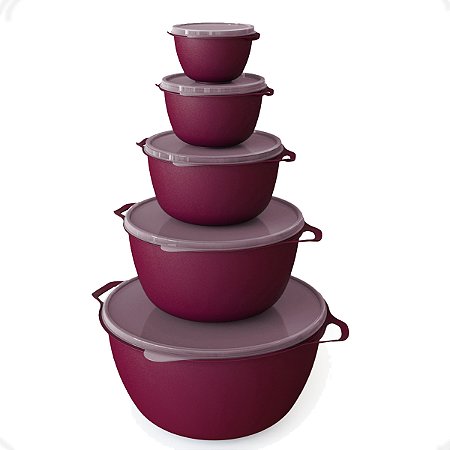 Kit 5 Vasilhas Plásticas Para Alimento C Tampa Bowl Vermelho