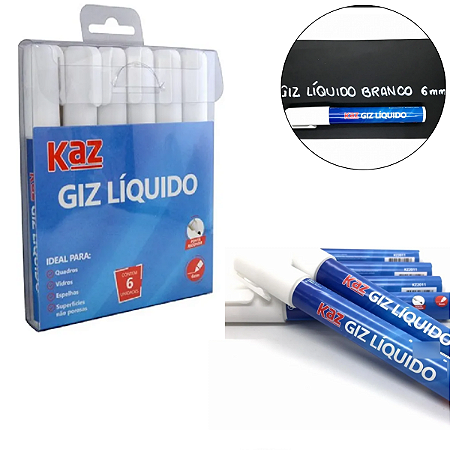 6 Marcadores Giz Liquido Kaz Apagável Vidros Espelhos Branco