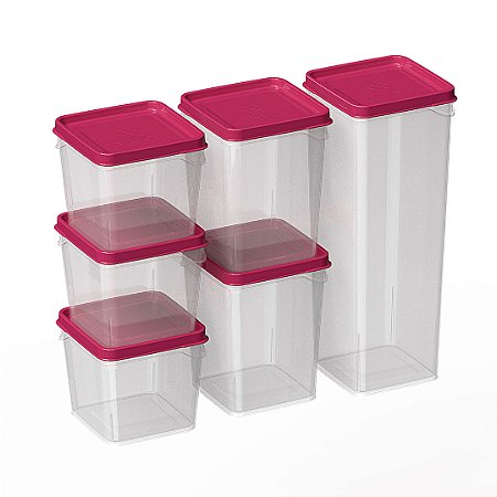 Kit 6 Potes Modulares Porta Mantimentos Bpa Free Tampa Rosa