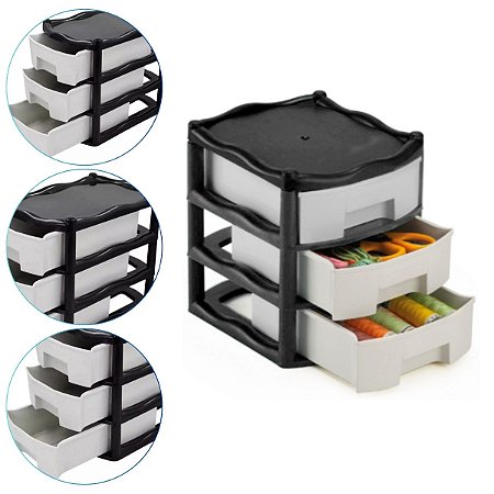 Organizador Plástico Mini Gaveteiro Com 3 gavetas Cor Preto
