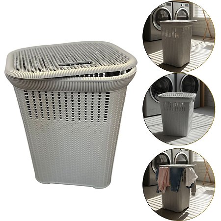 Cesto Rattan De Roupas Organizador Com Tampa Cinza 50 Litros
