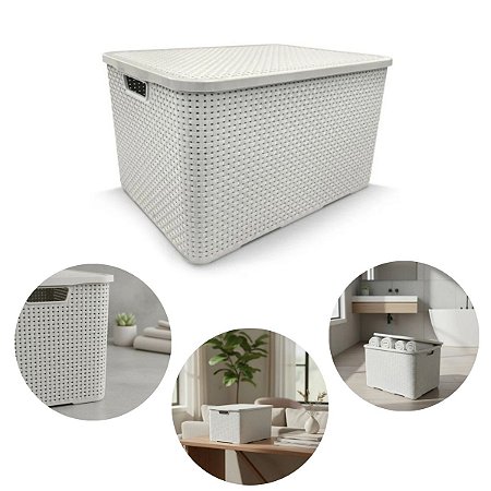 Caixa Organizadora 7 Litros Rattan Branca C/tampa 123Organizei TPTF