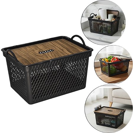 Caixa Organizadora Cesto Telado Com Tampa Decorativa - 20 L