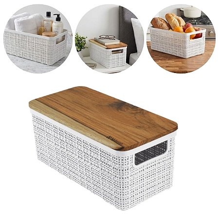 Cesto Caixa Organizadora Juta Com Tampa Teca Branca 3,7 lts