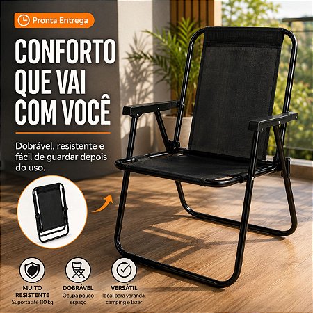 Cadeira Alta Dobrável Cor Preta Aço Camping Varanda 110kg