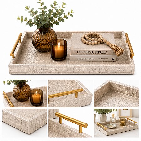 Bandeja Decorativa Retangular Com Alça 48x35cm Off White