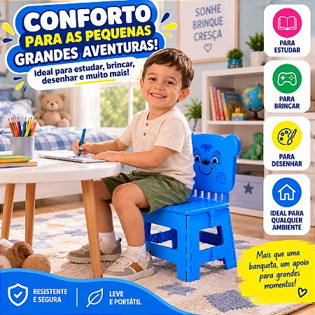 Cadeirinha Banqueta Infantil Dobrável Cor Azul Encosto Urso