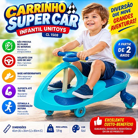 Carrinho Infantil Super Car Azul Volante Gira Gira 360 100kg