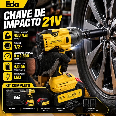 Chave de Impacto Eda 1/2 21V 450Nm 4Ah Maleta Soquetes 0YB