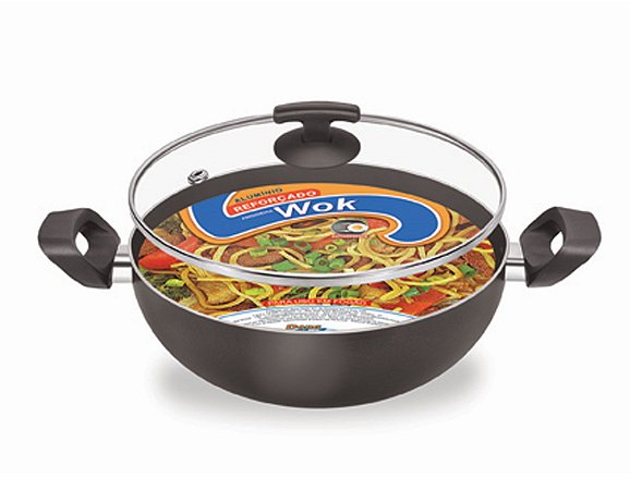 Panela Wok Antiaderente 28 Tampa de Vidro Preto  Dona Chefa