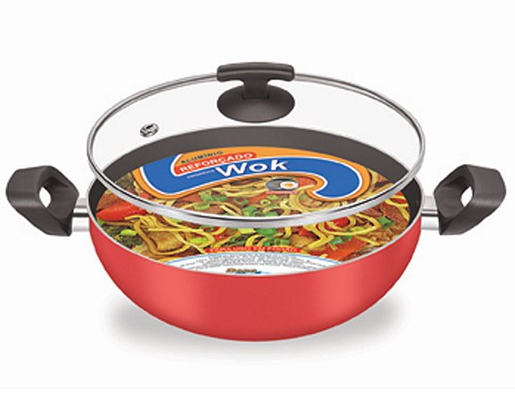 Panela Wok 28 Antiaderente Tampa De Vidro Vermelho Dona Chefa