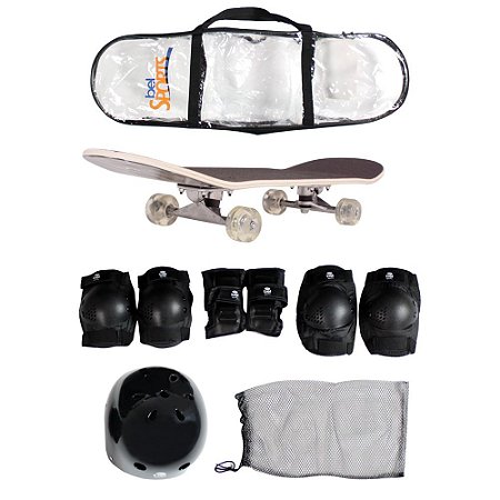 Skate Semi-Pro + Kit Proteção  Joelheiras Cotoveleiras Luvas e Capacete ABS Bel