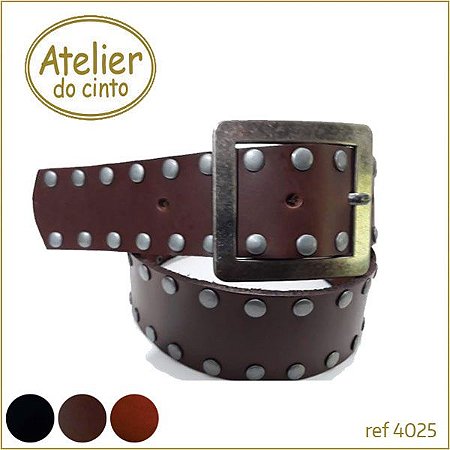 4025-cinto em couro 4,0cm largura - com detalhes rebites prata velha