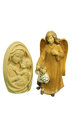 Conjunto Nossa Sra. Clássica 10 cm Natural & Anjo da Guarda  11,5 cm Tons de Marrom.