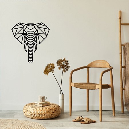 ESCULTURA DE PAREDE QUADRO VAZADO FACE ELEFANTE GEOMÉTRICO EM MDF PRETO