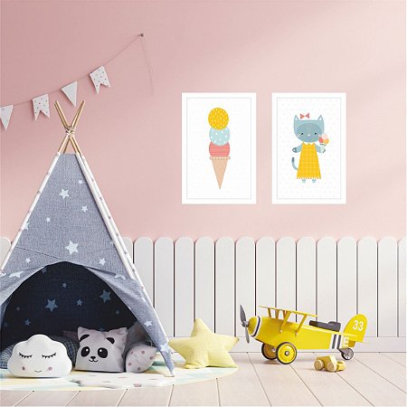 PLACA DECORATIVA KIT DUPLA GATINHA COM SORVETE