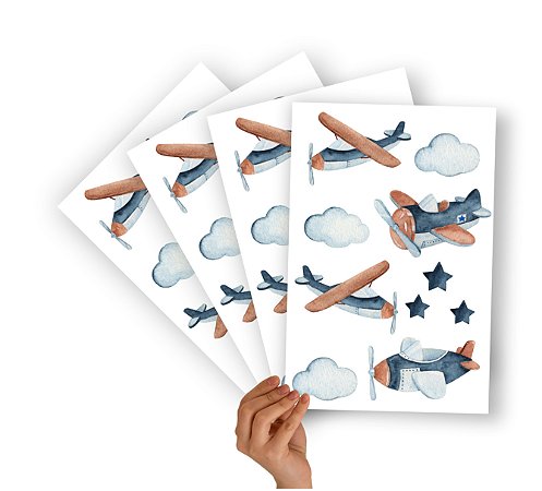 Mini Adesivos Cartela Aviões e Nuvens
