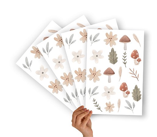 Mini Adesivos Cartela Flores e Cogumelos