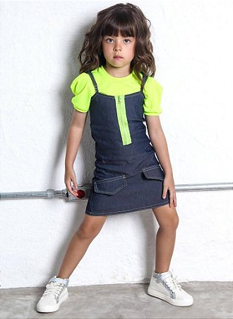 Vestido Jeans com Zipper neon e Blusa feminino infantil
