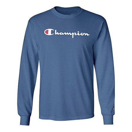 Camiseta Manga Longa Champion Script Logo Azul