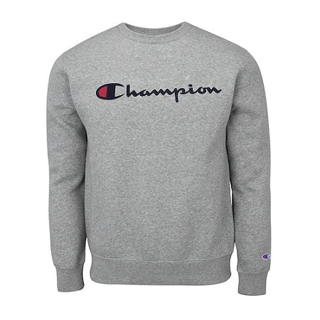 Moletom Champion Gola Careca Super Fleece Script Patch Cinza