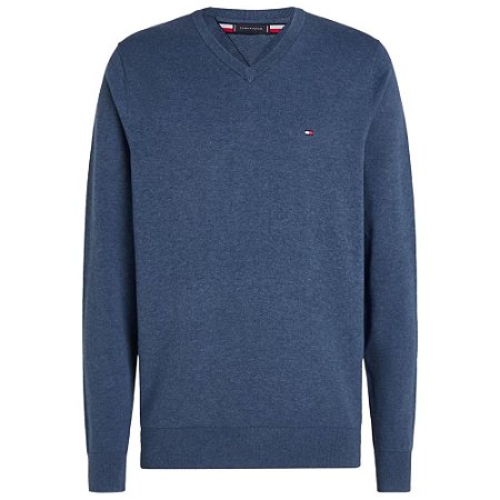 Suéter Tricot Tommy Hilfiger Signature Gola V Azul