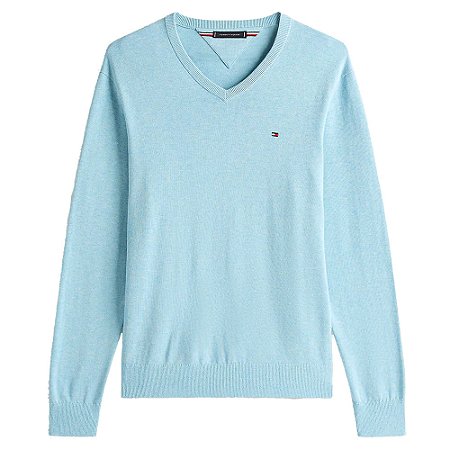 Suéter Tricot Tommy Hilfiger Signature Gola V Azul Claro