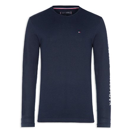 Camiseta Tommy Hilfiger Logo Long Sleeve Tee Azul Marinho