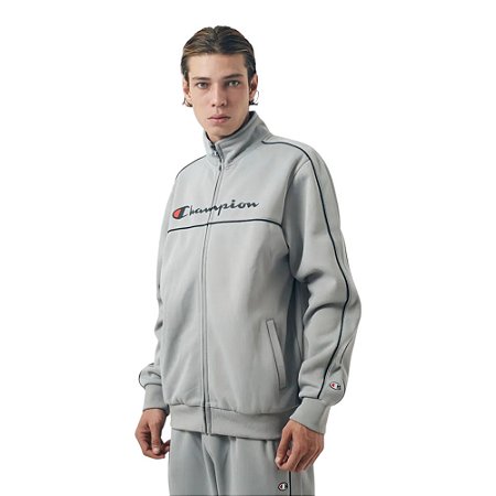 Conjunto Agasalho Champion Contrast Line Script Logo Cinza