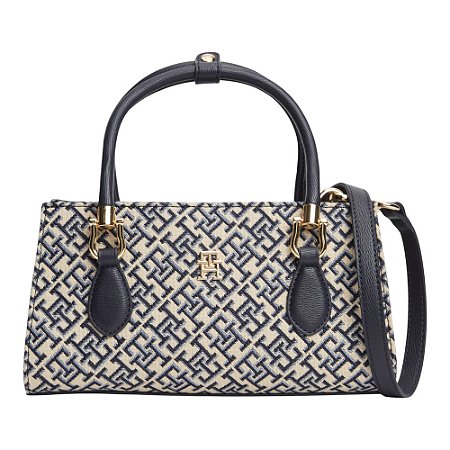Bolsa Tommy Hilfiger GraceSatchel Jacquard Preto e Bege