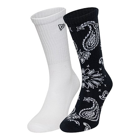 Meia New Era Cano Longo Paisley Crew 2 Pares Preto e Branco