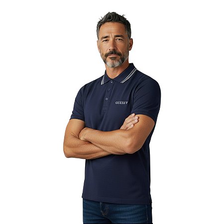 Camisa Polo Guess Silk Peito Frisos Gola Masculino Marinho