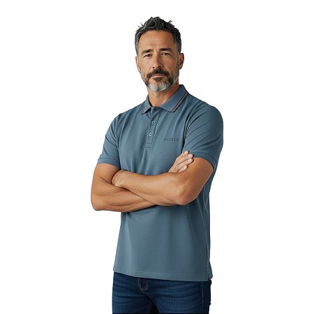 Camisa Polo Guess Silk Peito Frisos Gola Azul Petróleo